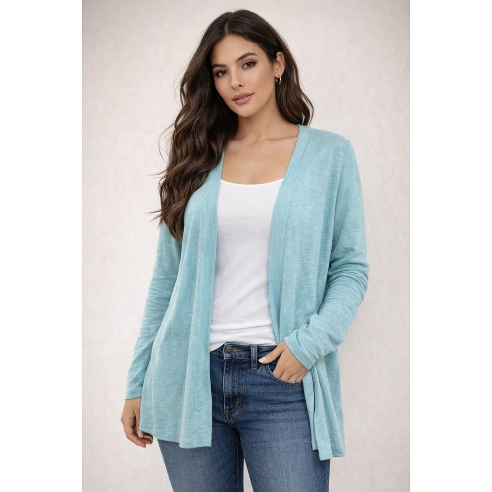 J Jill Womens Love Linen Cardigan Size XL Aqua Blue Longline Open Front Classic